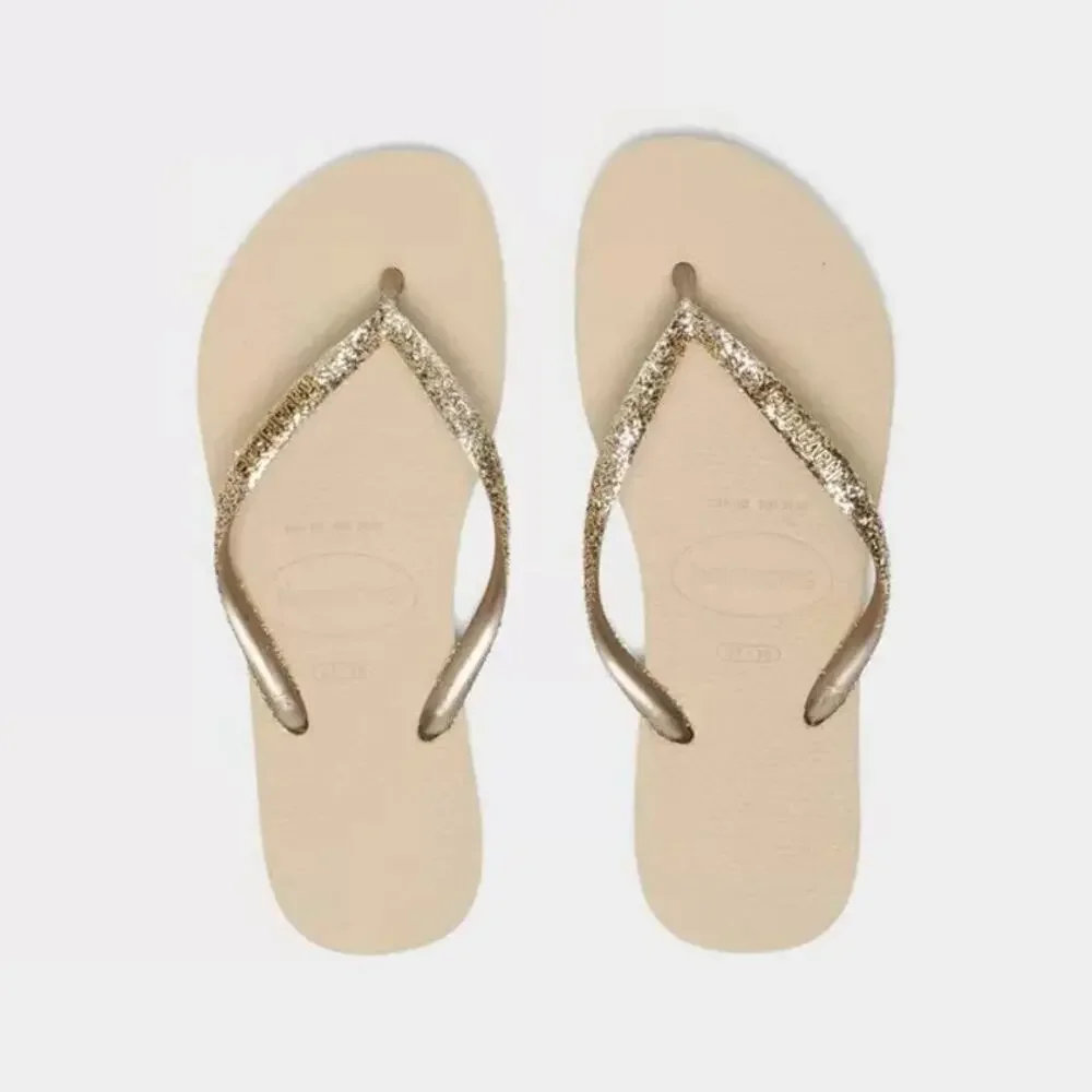 Havaianas Kids Slim Glitter II Sand Grey Flip Flops 3/4Y Gold Straps NWT